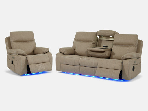 3+1 Electric Recliner Sofa Set Inc Chair In Beige Resilience Fabric With White Stitching, USB Ports, Power Headrest & Drop Down Table. 2 Piece Cinema Sofa Set - Vinsonova