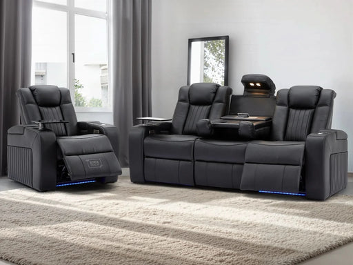 Real Leather 3+1 Electric Recliner Sofa Set In Black | Cinema Sofa Seats Package with USB Ports, Storage & Charger | Capri