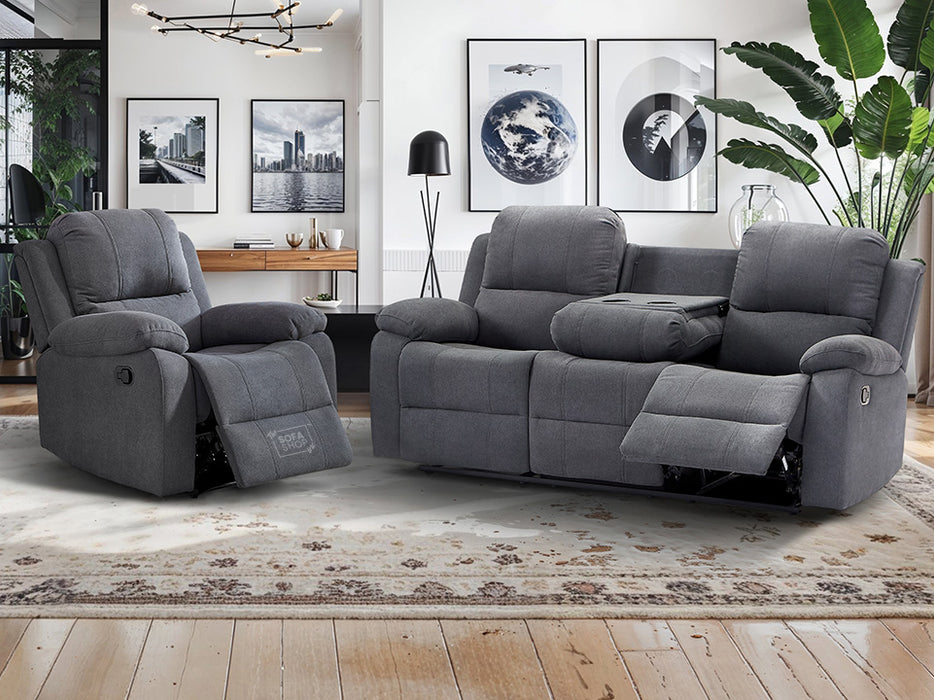 3+1 Recliner Sofa Set inc. Chair in Dark Grey Fabric with Drop-Down Table & Cup Holders - 2 Piece Trento Sofa Set