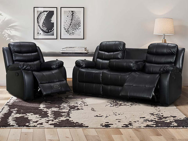 3+1 Recliner Sofa Set inc. Chair in Black Leather with Drop-Down Table & Cup Holders - 2 Piece Sortino Sofa Set