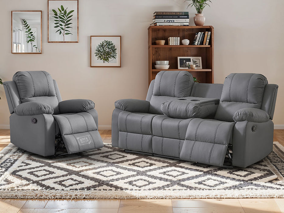 3+1 Recliner Sofa Set inc. Chair in Grey Leather with Drop-Down Table & Cup Holders - 2 Piece Trento Sofa Set