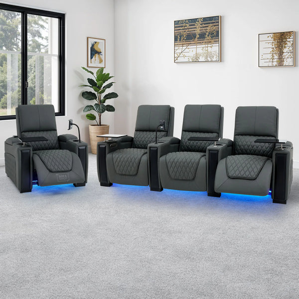 Real Leather 3+1 Home Theatre Sofa Suite In Grey | 2 Piece Reclining Cinema Sofa Package With Massage, Low Heated Lumbar, Power Lumbar, LED & Cooling Cup Holders | Assisi