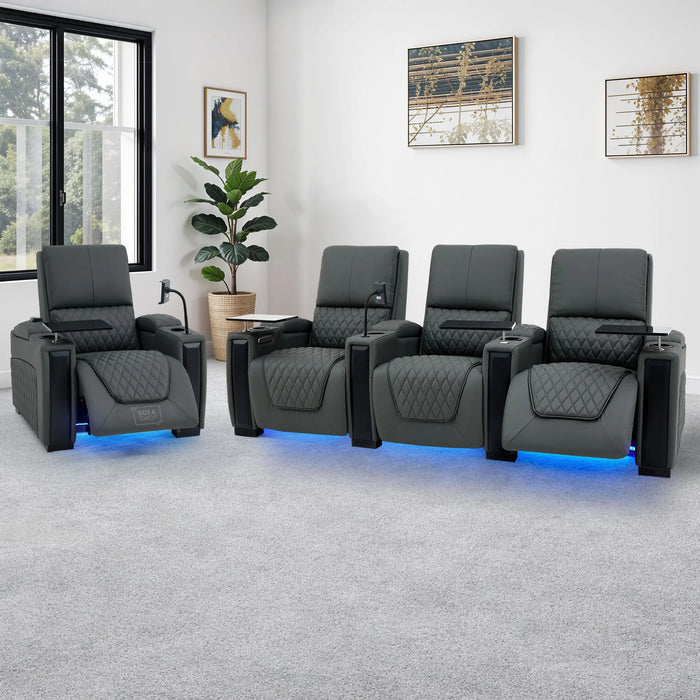 Real Leather 3+1 Home Theatre Sofa Suite In Grey | 2 Piece Reclining Cinema Sofa Package With Massage, Low Heated Lumbar, Power Lumbar, LED & Cooling Cup Holders | Assisi
