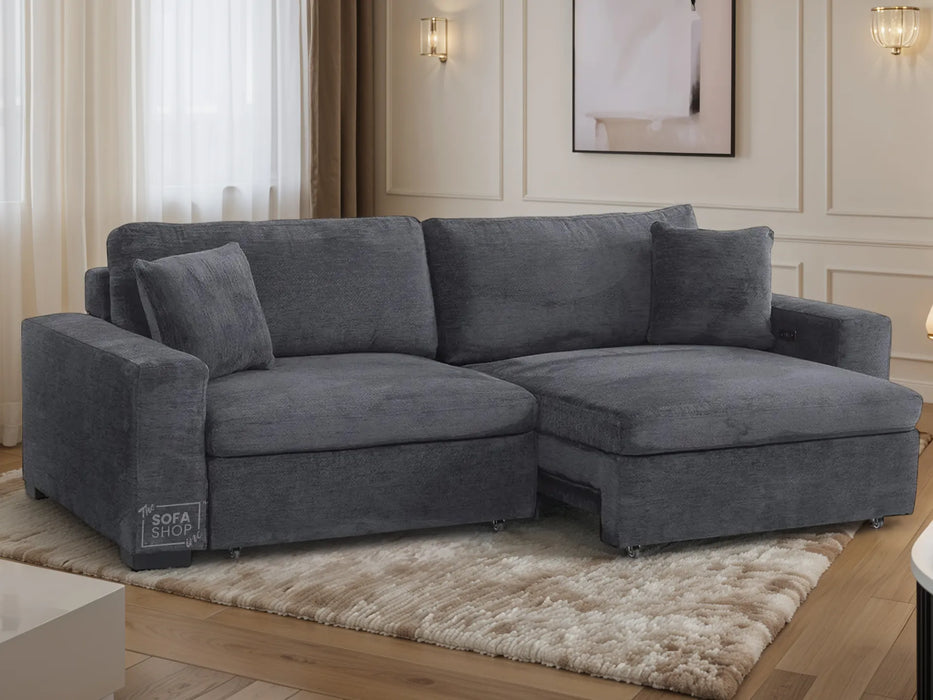 Extendable Electric Sofa - Bed in Grey Chenille Fabric | 3 Seater Hi-Tech Sliding Couch Perfect for Home Theatre Seating | USBc Charging Ports | Palma