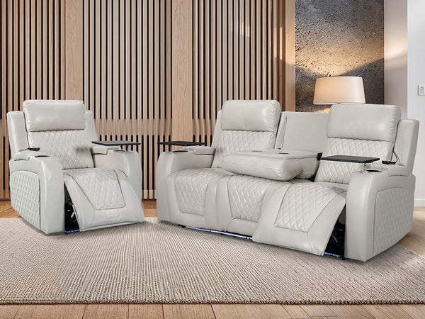 3+1 Electric Recliner Sofa Set inc. Cinema Seat in Cream Leather. 2-Piece Cinema Sofa Set with USB & Storage Box - Venice Series Two