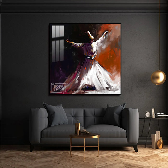 Sufi Whirling Dervish LED Canvas 100 x 100 cm | Islamic Wall Art With Radiant LED Backlighting + Crystal-Porcelain Finish + Gold Or Black Alloy Frame | The Sofa Shop