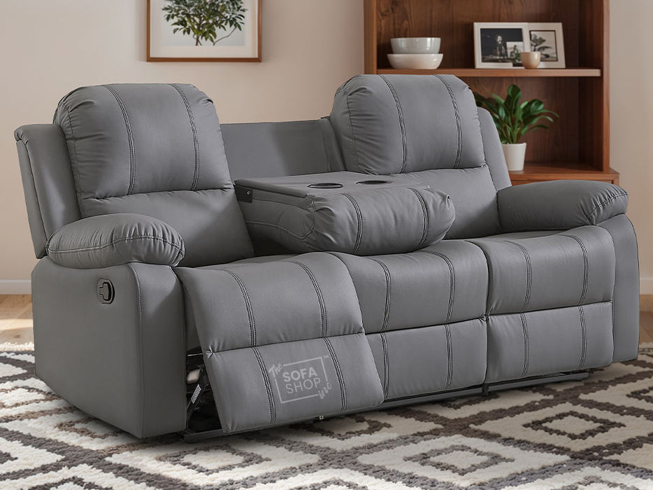 3 Seater Recliner Sofa in Grey Leather with Drop-Down Table & Cup Holders - Trento