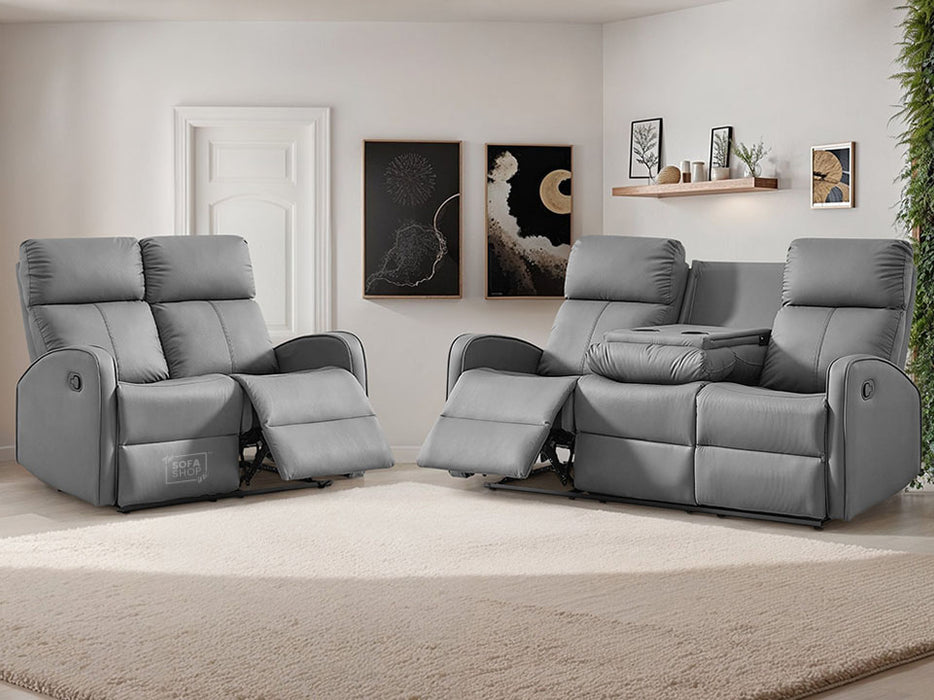 3 2 Recliner Sofa Set. 2 Piece Recliner Sofa Package Suite in Grey Leather with Drop-Down Table & Drink Holders- Parma