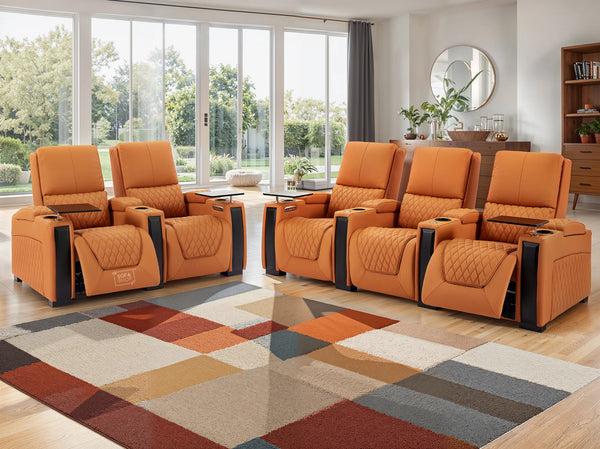 3+2 Piece Electric Cinema Theatre Sofa Set | Real Leather Couch Sofa Package in Orange + Cooling Cup Holders + Removable Table | Assisi | The Sofa Shop