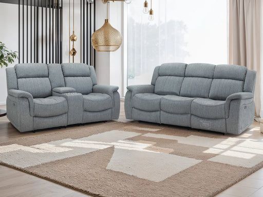 3+2 Electric Recliner Sofa in Grey Fabric with Drop Down Table, Silver Cup Holders & USB Ports - Linden