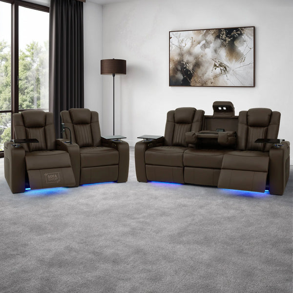 3+2 Real Leather Electric Recliner Cinema Sofa Sets in Dark Brown | Massage, Heated Lumbar Support, Wireless Charging, LED Lights & Tray Tables | Capri | The Sofa Shop