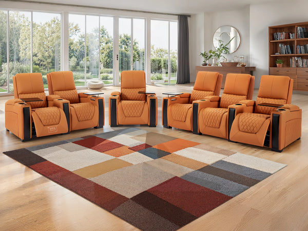 3+2+1 Piece Electric Home Cinema Theatre Sofa Set | Real Leather Couch Suite Package in Orange + Comfortable Reclining Seats & Lumbar Support | Assisi | The Sofa Shop