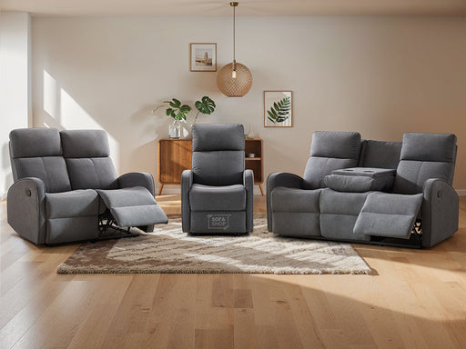 3 2 1 Recliner Sofa Set. 3 Piece Recliner Sofa Package Suite in Dark Grey Fabric with Drop-Down Table & Drinks Holder - Parma - Sofa Sale