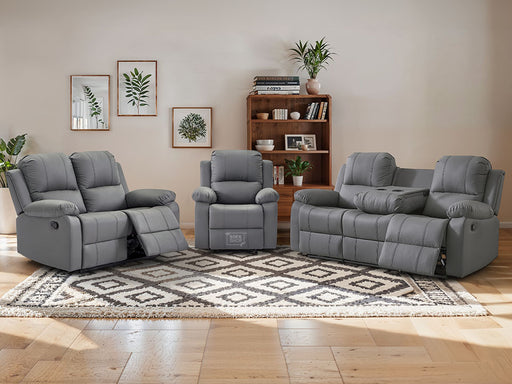 3 2 1 Recliner Sofa Set. 3 Piece Recliner Sofa Package Suite in Grey Leather with Drop-Down Table & Drink Holders- Trento