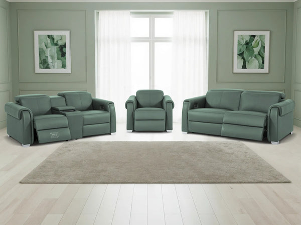 3+2+1 Electric Recliner Couch Set | 3 Piece Reclining Lounge Suite in Green Real Leather with Massage, Console, Wireless Charging, USB Ports & Power Headrests | Turin | The Sofa Shop