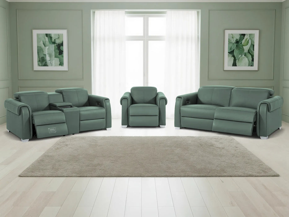 3+2+1 Electric Recliner Couch Set | 3 Piece Reclining Lounge Suite in Green Real Leather with Massage, Console, Wireless Charging, USB Ports & Power Headrests | Turin | The Sofa Shop