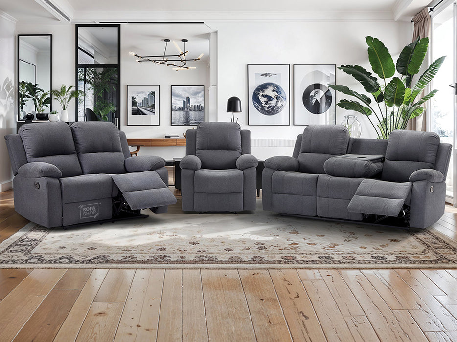 3 2 1 Recliner Sofa Set. 3 Piece Recliner Sofa Package Suite in Dark Grey Fabric with Drop-Down Table & Drinks Holder - Trento