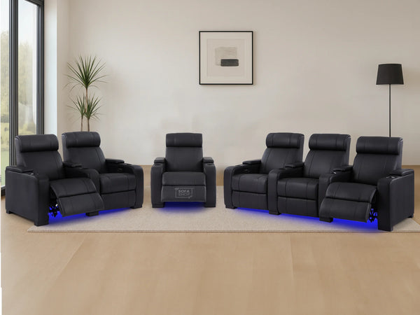 Real Leather 3+2+1 Electric Recliner Sofa Suite In Black | 3-Piece Power Cinema Seating with Massage, LED, USB & Cup Holders | Rimini
