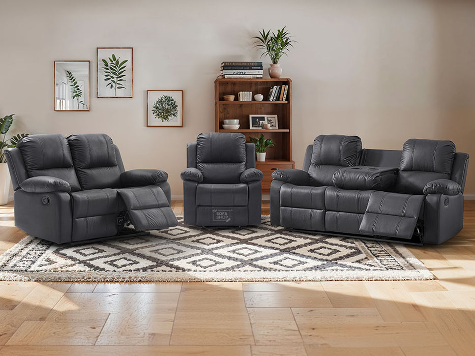 3 2 1 Recliner Sofa Set. 3 Piece Recliner Sofa Package Suite in Black Leather with Drop-Down Table & Drink Holders- Trento