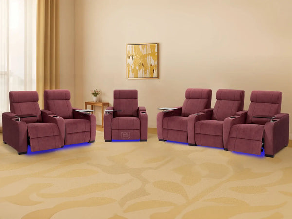 3+2+1 Reclining Cinema Seating Set | 3-Piece Multimedia Sofa Suite in Purple Fabric with Massage, Tables, LED & Chilling Cup Holders | Rimini | Sofa Shop