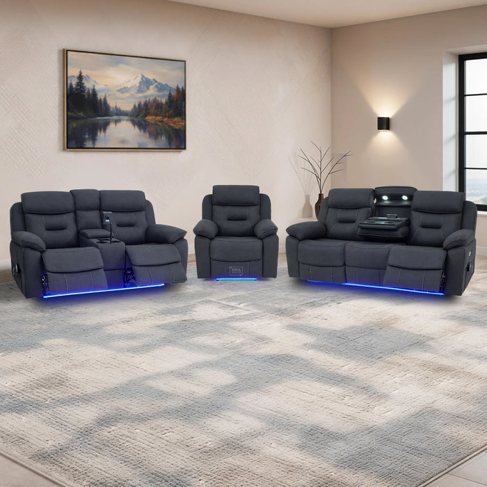 3+2+1 Piece Electric Home Cinema Sofa Set | Fabric Couch Suite Package In Charcoal Grey | Hi-Tech Sofa Set with Power Sockets + Massage + Heating + Speakers | Florence