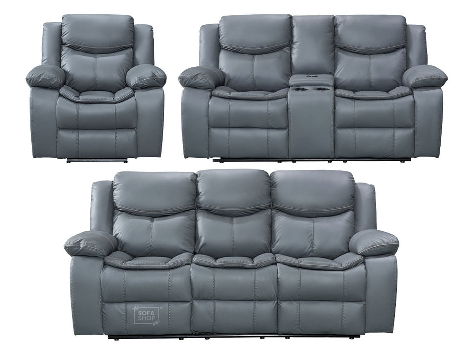 3 2 1 Electric Recliner Sofa Set. 3 Piece Recliner Sofa Package Suite in Grey Leather With USB Ports & Drink Holders & Storage Boxes- Highgate