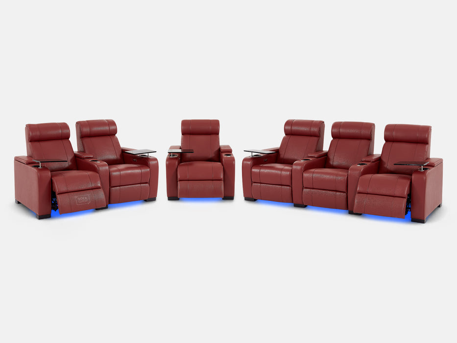 3+2+1 Piece Electric Home Cinema Theatre Sofa Set | Real Leather Couch Suite Package In Red + Chilled Cupholders + Console + Table + Power + Usb + Led Lights | Rimini | The Sofa Shop