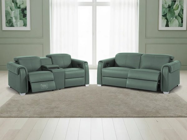 3+2 Real Leather Electric Recliner Sofa Set In Green | Hi-Tech Sofa Set with Massage, Console, USB Ports, Power Headrest, Wireless Charger & Storage Box | Turin