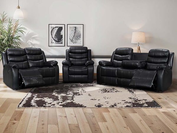 3 2 1 Recliner Sofa Set. 3 Piece Recliner Sofa Package Suite in Black Leather with Drop-Down Table & Drink Holders- Sortino