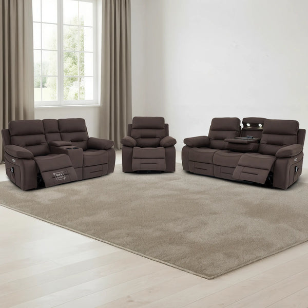3+2+1 Electric Recliner Sofa Set in Brown Resillience Fabric | Hi-Tech Cinema Suite with Massage, Drop-Down Table, Power Headrest, Power Recliner, Storage Drawer, USB Port | Sicily