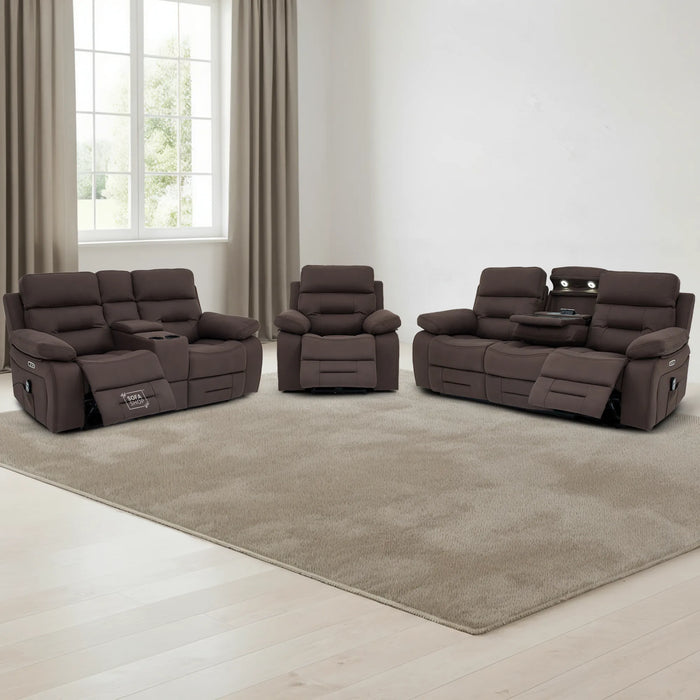 3+2+1 Electric Recliner Sofa Set in Brown Resillience Fabric | Hi-Tech Cinema Suite with Massage, Drop-Down Table, Power Headrest, Power Recliner, Storage Drawer, USB Port | Sicily