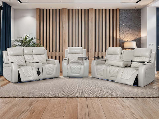 Electric Recliner Cinema Sofa Set 3 2 1 in Light Beige Leather with Cup Holders, Storage Boxes, and USB Ports - Venice Series Two