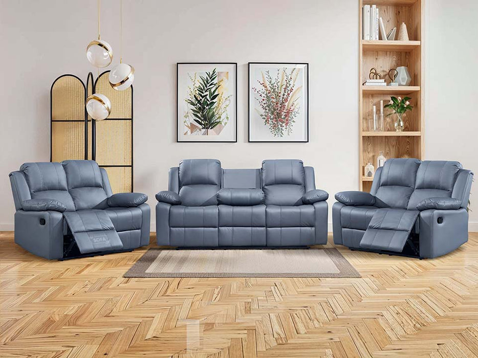 3 Piece Sofa Set - Recliner Sofa - 3+2+2 Seat Sofa Suite Package in Grey Leather with Folding Table & Cupholders - Trento
