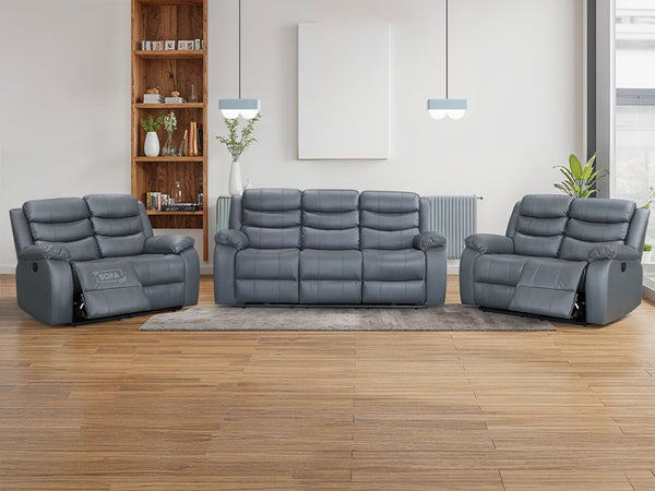 3 Piece Sofa Set - Recliner Sofa - 3+2+2 Seat Sofa Suite Package in Grey Leather with Folding Table & Cupholders - Sorrento