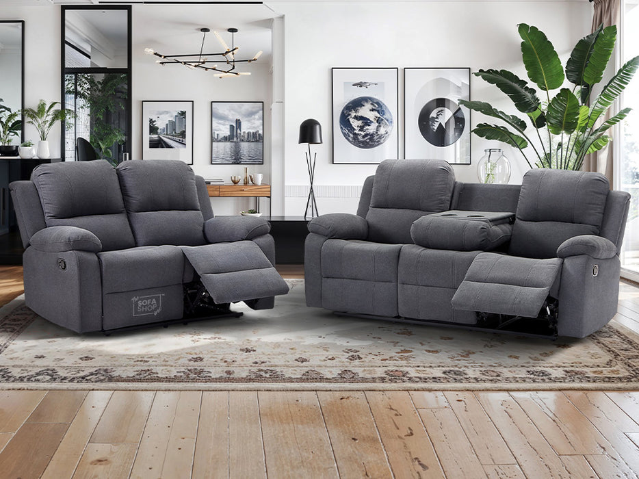 3 2 Recliner Sofa Set. 2 Piece Recliner Sofa Package Suite in Dark Grey Fabric with Drop-Down Table & Drink Holders- Trento