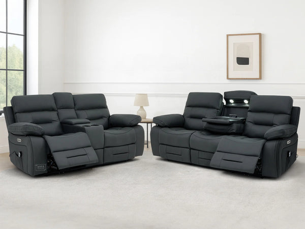 3+2 Electric Recliner Sofa Set in Grey Real Leather | Hi-Tech Cinema Package with Massage, Drop-Down Table, Power Headrest, Power Recliner, Storage Drawer, USB & Wireless Charging | Grey Real Leather | Sicily