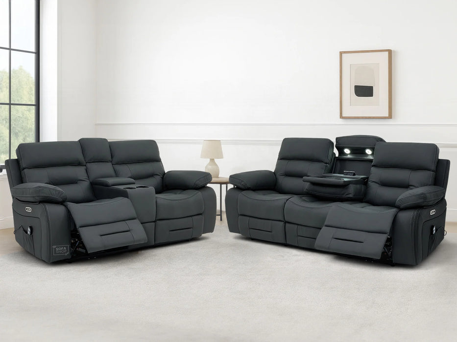 3+2 Electric Recliner Sofa Set in Grey Real Leather | Hi-Tech Cinema Package with Massage, Drop-Down Table, Power Headrest, Power Recliner, Storage Drawer, USB & Wireless Charging | Grey Real Leather | Sicily