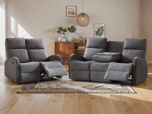 3+2 Recliner Sofa Set. 2 Piece Recliner Sofa Package Suite in Dark Grey Fabric with Drop-Down Table & Drink Holders - Parma - Sofa Sale