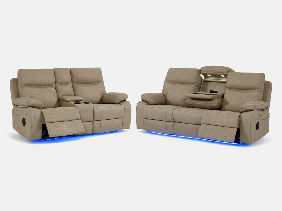 3 2 Electric Recliner Sofa Set. 2 Piece Cinema Sofa Package Suite In Resilience Beige Fabric With White Stitching, Speakers, Power Headrest & Wireless Charger - Vinsonova