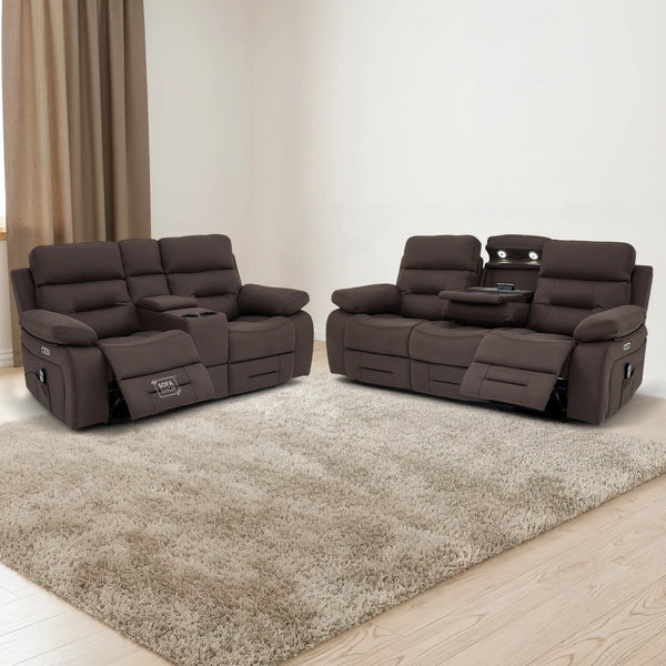 3+2 Electric Recliner Sofa Set in Brown Resillience Fabric | Hi-Tech Cinema Package with Massage, Drop-Down Table, Power Headrest, Power Recliner, Storage Drawer, USB & Wireless Charging | Sicily