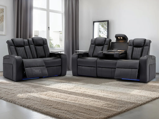 3 2 Electric Recliner Sofa Set with USB Ports, Drink Holders & Storage Boxes - Black Real Leather 2 Piece Cinema Sofa - Capri