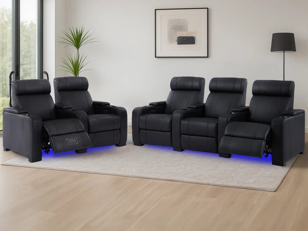 3+2 Piece Real Leather Electric Home Cinema Theatre Sofa Set In Black with Massage, Cupholders + USB + Led Lights +| Rimini