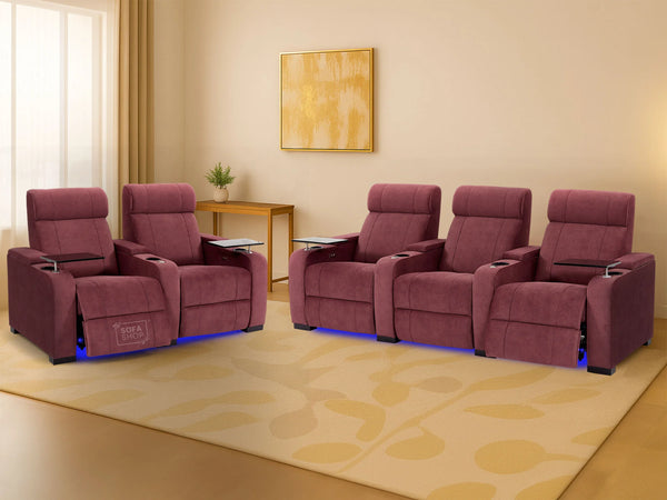 3+2 Seater Sofas with Electric Reclining, Massage Seats, USB Ports, Cup Holders & Storage Box, LED Light, Purple Velvet Sofa  | Rimini | The Sofa Shop