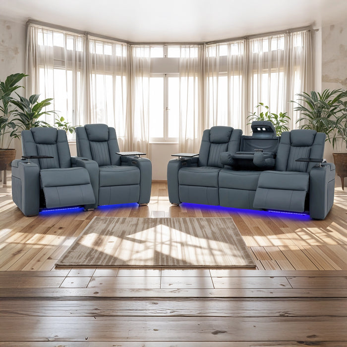 3+2 Real Leather Electric Recliner Sofa Set In Blue | 2 Piece Cinema Sofa Suite with Power Headrest, Drop-Down Table, Heating, Console, Wireless Charging, Massage & USB Ports | Capri
