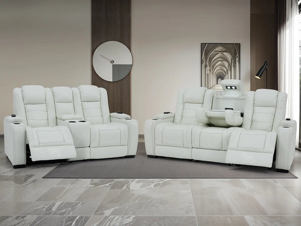 3+2 Seater Real Leather Sofa Packages with Power Headrest, Massage, USB Ports, Electric Reclining, Socket Set & Storage Drawer | White Genuine Leather Sofas | Napoli