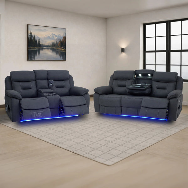 3+2 Piece Electric Home Cinema Sofa Set | Fabric Couch Suite In Charcoal Grey | Hi-Tech Sofa Set With Massage + Console + Table + Reading Lamps | Florence