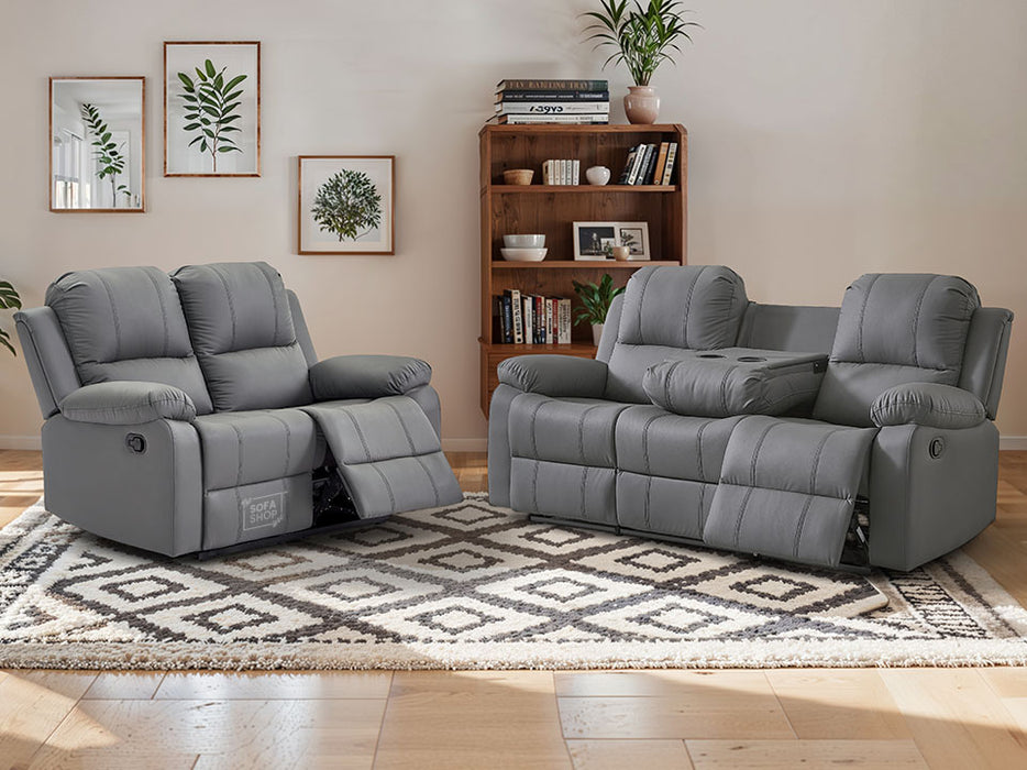 3 2 Recliner Sofa Set. 2 Piece Recliner Sofa Package Suite in Grey Leather with Drop-Down Table & Drink Holders- Trento