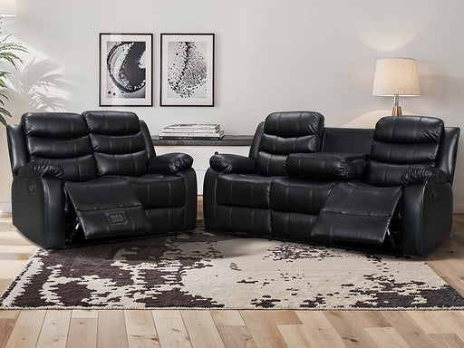 3 2 Recliner Sofa Set. 2 Piece Recliner Sofa Package Suite in Black Leather with Drop-Down Table & Drink Holders- Sortino