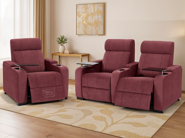 2+1 Sofa Set. Electric Recliner Cinema Suite in Velvet Purple Fabric | 2 Piece Sofa Set with Massage, USB Ports, Cooling Cup Holders, Storage Box & LED Lights | Rimini | The Sofa Shop