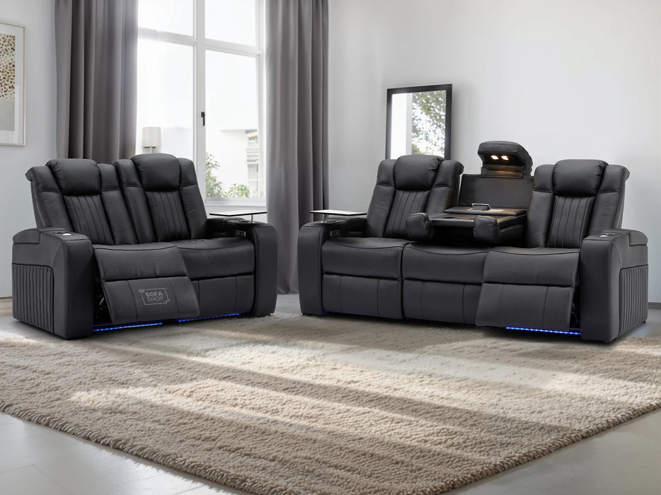 3 2 Electric Recliner Sofa Set with USB Ports, Drink Holders & Storage Boxes - Black Real Leather 2 Piece Cinema Sofa - Capri